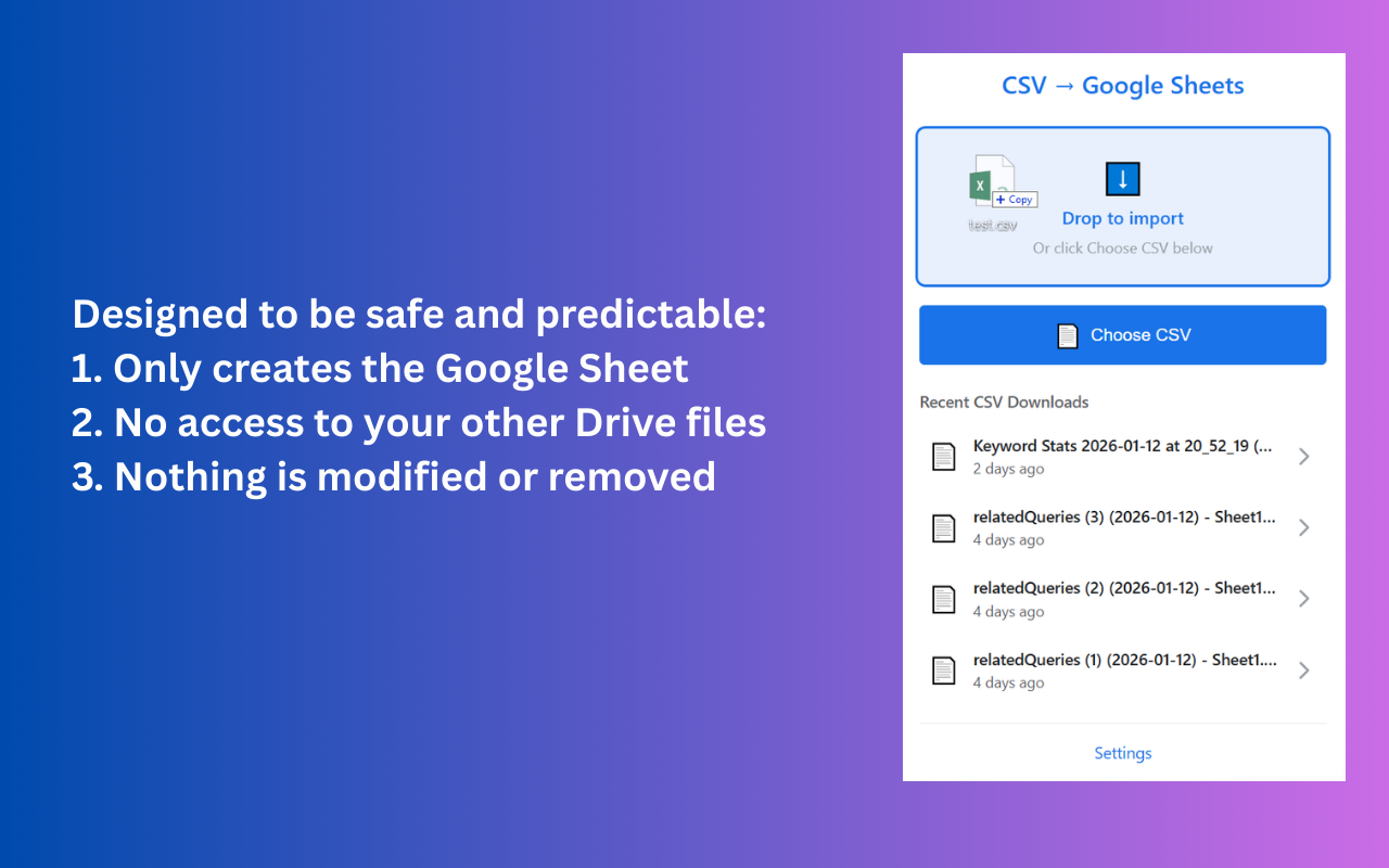 Drop a CSV file to import directly into Google Sheets